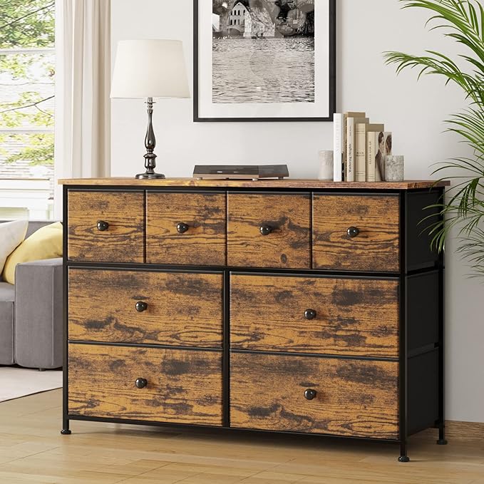 REAHOME Dresser for Bedroom with 8 Drawers Fabric Dresser Chest of Drawers with Wooden Top Sturdy Steel Frame Closet Storage Dresser for Living Room Hallway Closets Nursery (Rustic Brown) LHM8R1