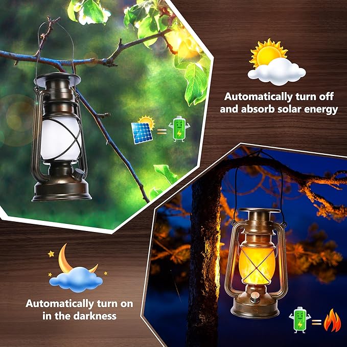 Toodour Solar Lantern Outdoor Lights, 2 Pack Bronze Vintage LED Lantern with 2 Modes, Waterproof Hanging Solar Lights for Camping Patio Garden Yard Outdoor Decorations