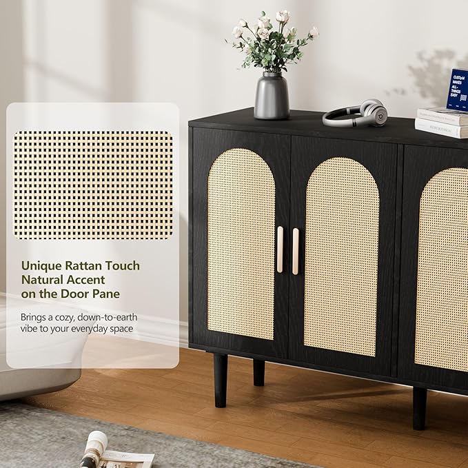 Sideboard Buffet Cabinet with Storage, Retro Rattan Storage Cabinet Kitchen Sideboard Buffet with Artistic Carved Handle for Dining Room Living Room, (Black&Oak)