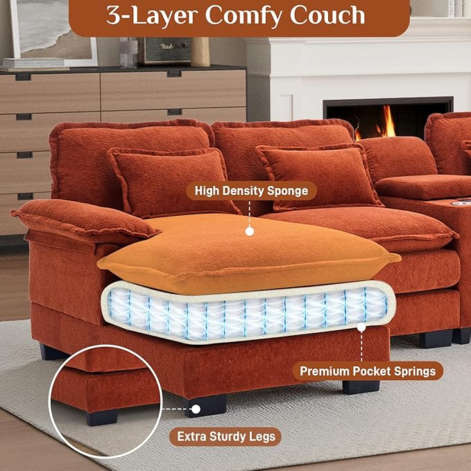 133" Oversized U Shaped Cloud Couch Modular Sectional Couches for Living Room Comfy Chenille Deep Seat Sofa Set with Double Chaise Lounge, Storage Central Console, Cup Holders, USB Port, Orange