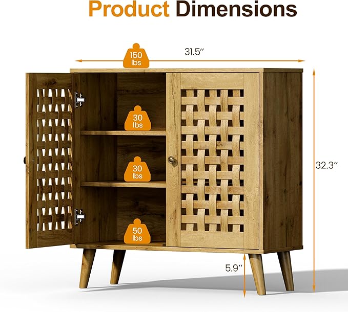 Vintage 2-Door Storage Cabinet, Basket Weave Wooden Doors, Kitchen Sideboard with Adjustable Shelves, Coffee Bar Cabinet for Living Room, Hallway, Entryway, Dining Room, Natural Wood Color