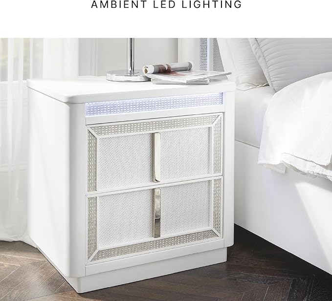 Signature Design by Ashley Chalanna Glam 2 Drawer Nightstand with Felt-Lined Top Drawer, LED Lights, Power Supply and USB Ports, 26.75" Tall, White