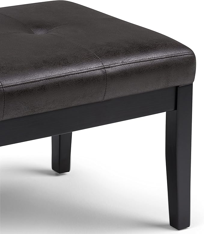 SIMPLIHOME Lacey Tufted Ottoman Bench - 41 inch Wide Upholstered Vegan Leather Rectangle Ottoman in Distressed Black, Contemporary Bench for Bedroom or Entryway with Stitching Detail, Assembled