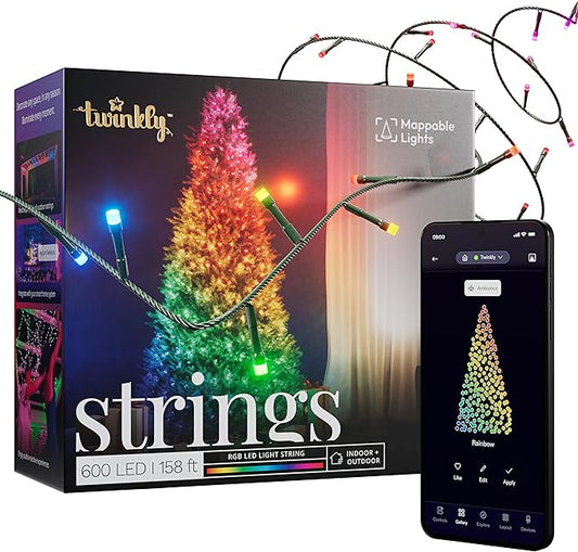 Twinkly Strings 600 LED RGB, LED Light String, Smart Multicolor LED Lights, Christmas Lights, Mappable LEDs, IP44, Green Wire, Packaging May Vary, 157.5ft