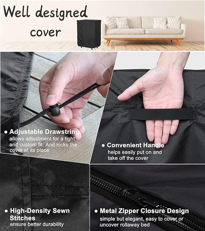 Falezern 38 in Adjustable Rollaway Bed Cover, Waterproof and Dustproof, with Zipper and Elastic Drawstring, Thickened Storage Cover for Folding Cot