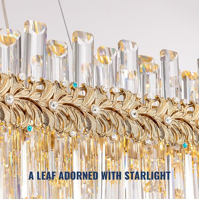Luxury Crystal Chandeliers for Dining Room,40“ Gold Contemporary K9 Crystal Chandelier,Adjustable Pendant Ceiling Light Fixture with Leaf-Edge for Dining Living Room Foyer Entryway