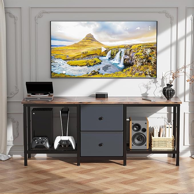 TV Stand Suitable for TVs up to 55 Inches, Entertainment Center with Storage Drawers and Shelves, Media Console Table for Living Room and Bedroom (Brown Black)