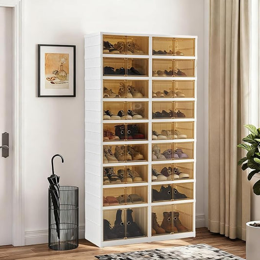 LAFORMO Folding Shoe Rack Storage Device,Large Plastic Folding Shoe Cabinet, Easy to Assemble Shoe Rack Storage Cabinet with Transparent Door Magnetic Buckle(9Tiers,36Pairs)