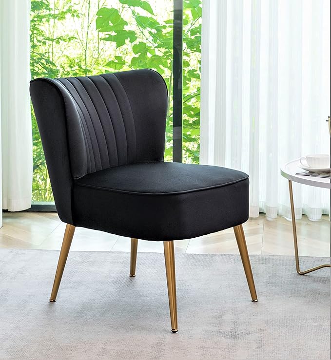 Modern Velvet Accent Chair for Living Room, Bedroom, or Entryway, Stylish and Comfortable Armless Design with Metal Legs, Black