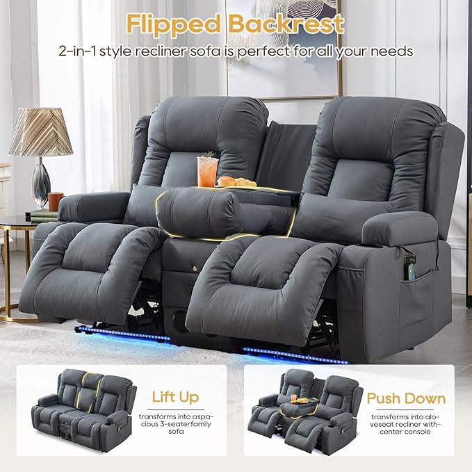 IPKIG Power Recliner Sofa with Flip-Up Backrest Console, USB & USB-C Ports, AC Outlet, LED Lights, Wall Hugger Recliners for Living Room, RV (Light Blue, 67" - 3 Seat) | Leathaire Fabric, Zero Gravity, Dual Reclining, 2 Lumabr Pillow, Bluetooth Speakers
