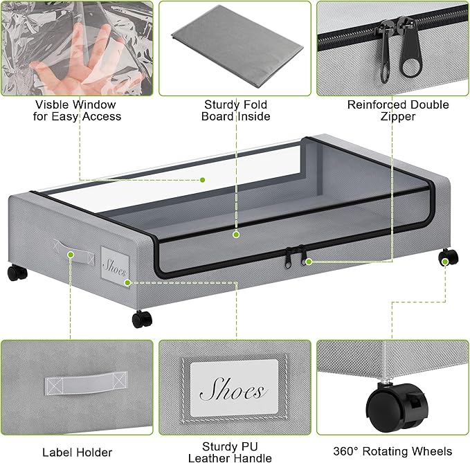 Under Bed Storage with Wheels, 2 Pack Under bed Storage Containers with Clear Lids & Zippers, Under Bed Shoe Storage Organizer, Rolling Underbed Storage for Clothes, Shoes, Blankets (Grey)