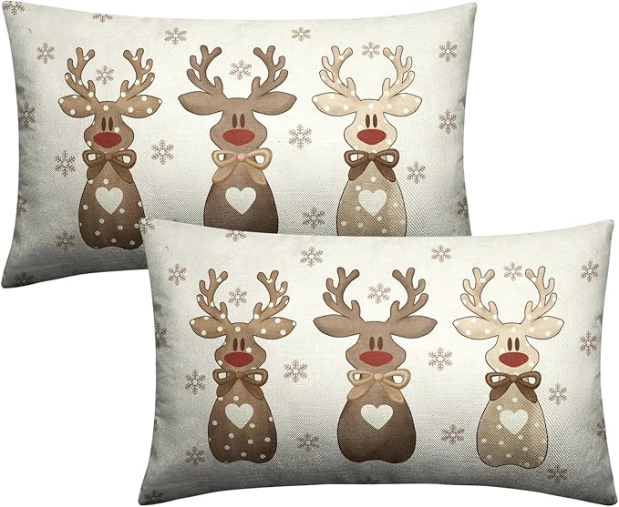 Christmas Reindeer Snowflakes Lumbar Throw Pillow Covers 12x20 Set of 2 Xmas Polka Dot Love Heart Bow Cute Brown Elk Deer Rectangle Pillow Cases Winter Holiday Decor for Home Couch