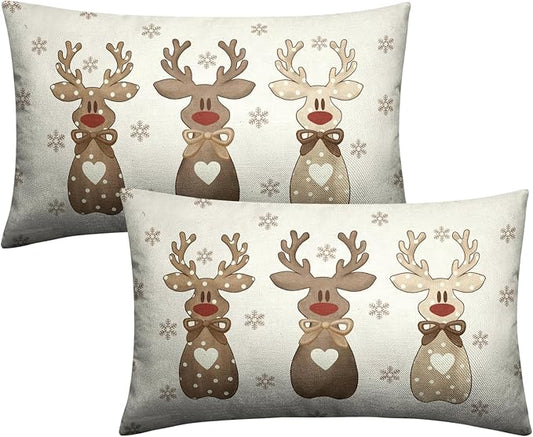 Christmas Reindeer Snowflakes Lumbar Throw Pillow Covers 12x20 Set of 2 Xmas Polka Dot Love Heart Bow Cute Brown Elk Deer Rectangle Pillow Cases Winter Holiday Decor for Home Couch