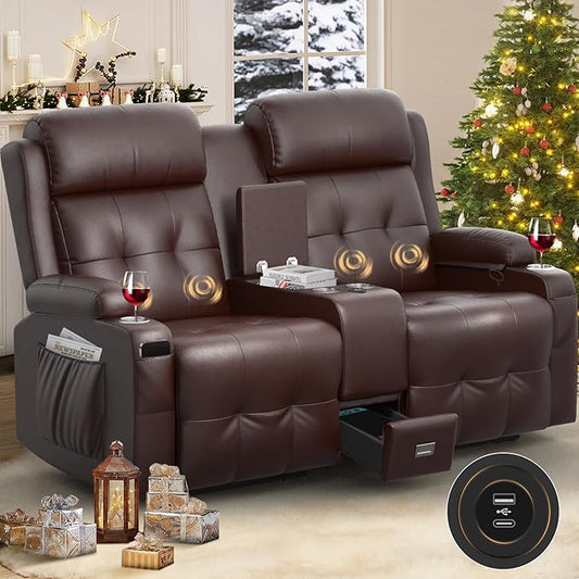 Reclining Loveseat, Massage Loveseat Recliner Sofa Heavy Weight Capacity, RV Love Seat Chair Clearance with Console, USB, Type C Port, Storage, Cup Holders, Wall Hugger Couch for Living Room