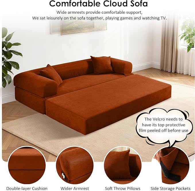 80" Convertible Sofa Bed, Corduroy Deep Seat Folding Pull Out Couch with Pillows, No Assembly Modern Boneless Couch Compression Sofa in Box, Floor Sofa with Storage Pocket for Living Room, Orange