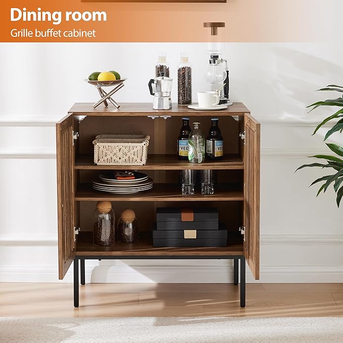 Mericonia Buffet Cabinet with Storage, Sideboards 2 Doors with Metal Base and Adjustable Shelf for Kitchen, Coffee Bar, Entryway, Hallway,Living Room (2 Door Buffet Cabinet, Grille-Walnut 2.0)