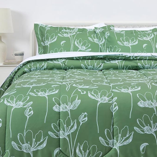 Amazon Basics Lightweight Microfiber Comforter Sets, 7 Pieces, Full/Queen, Green Floral