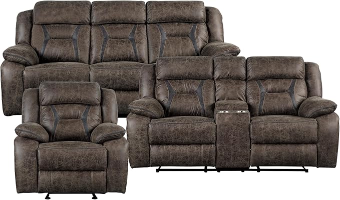 Homelegance Recliner Living Room Set, Manual Polished Microfiber Upholstery Recliner Sofas, Loveseat and Chair, 3-Piece Set, Dark Brown