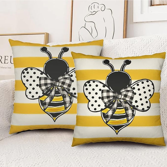Summer Bee Pillow Covers 16x16 Set of 2 Yellow White Striped Bumblebee Pillow Cases Spring Honey Bee Holiday Decorative Cushion Case for Bed Couch Sofa