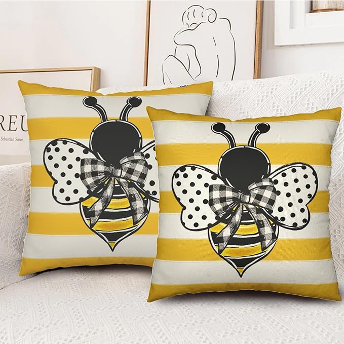 Summer Bee Pillow Covers 20x20 Set of 2 Yellow White Striped Bumblebee Pillow Cases Spring Honey Bee Holiday Decorative Cushion Case for Bed Couch Sofa