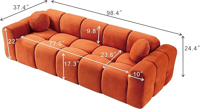 98.4-Inch Oversized Boneless Cloud Couches Deep Seat Foam Sofa Couch with 2 Round Toss Pillows, Luxury Corduroy Upholstered 3 Seat Tufted Loveseat, Cloud Sofa in a Box