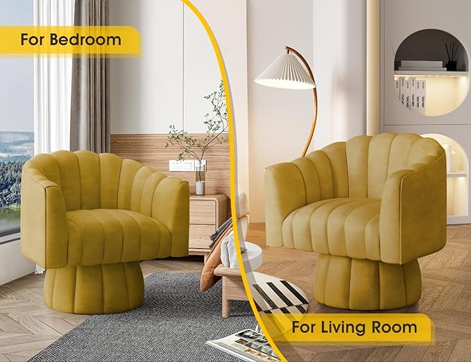 Modern 360 Degree Leather Swivel Cuddle Barrel Accent Sofa Chairs, Round Armchairs with Wide Upholstered, Leather Reading Chair for Living Room, Bedroom, Office, Waiting Rooms, (Mustard)