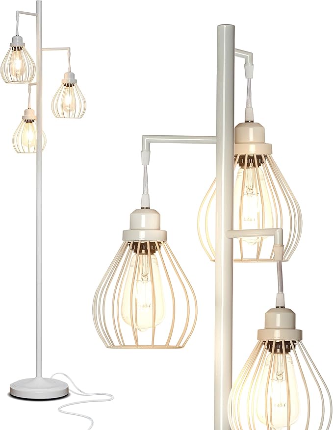 Brightech Teardrop LED Floor Lamp - Tree With 3 Elegant Cage Heads & Edison Bulbs - for Living Rooms, Offices & Bedroom Reading - Alpine White