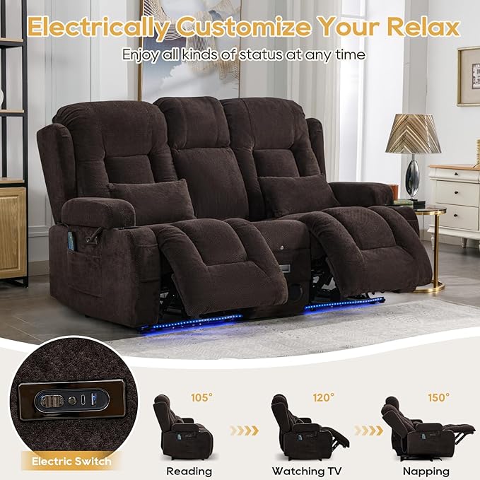 IPKIG Power Recliner Sofa with Flip-Up Backrest Console, USB & USB-C Ports, AC Outlet, LED Lights, Wall Hugger Recliners for Living Room, RV (Dark Brown, 67" - 3 Seat) | Velvet Fabric, Zero Gravity, Dual Reclining, 2 Lumabr Pillow, Bluetooth Speakers