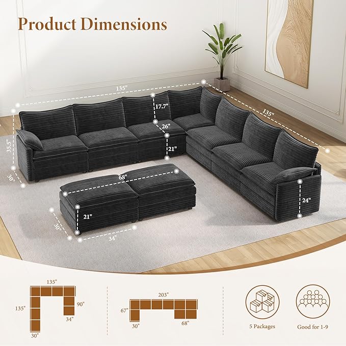 Vesgantti Large Modular Sectional Sofa, Big Comfy Cloud Couch with Ottoman Deep Seat Corduroy Cloud Sofa, 9 Seater Large Sectional Couches for Living Room, Bedroom and Apartment, Gray | Sink-in Comfort, Height Adjustable, Easy Rearrangement, Extra-deep...