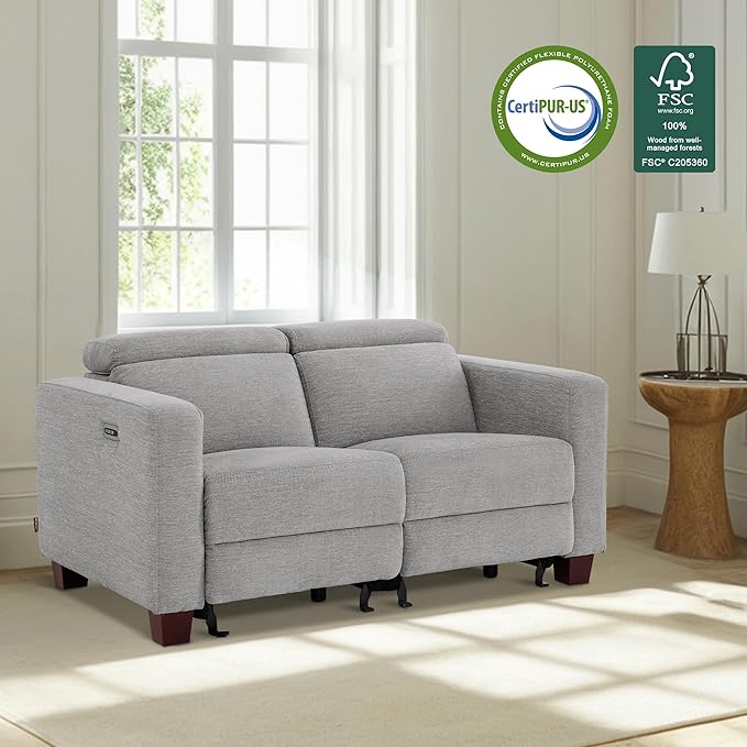 MCombo 62.2'' Reclining Loveseat, Wall Hugger Power Loveseat Recliner Sofa with Adjustable Headrest, USB A & C Charge Ports, Wood Legs, for Living Room (Fabric, HL198M1) (Grey)