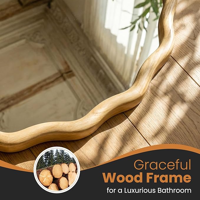 Round Wood Mirrors for Wall, 24" Boho Cirecle Wavy Mirror with Wooden Frame, Decorative Mirror with Tempered Glass, Natural Wooden Frame Vanity Mirror for Bedroom, Living Room, Entryway
