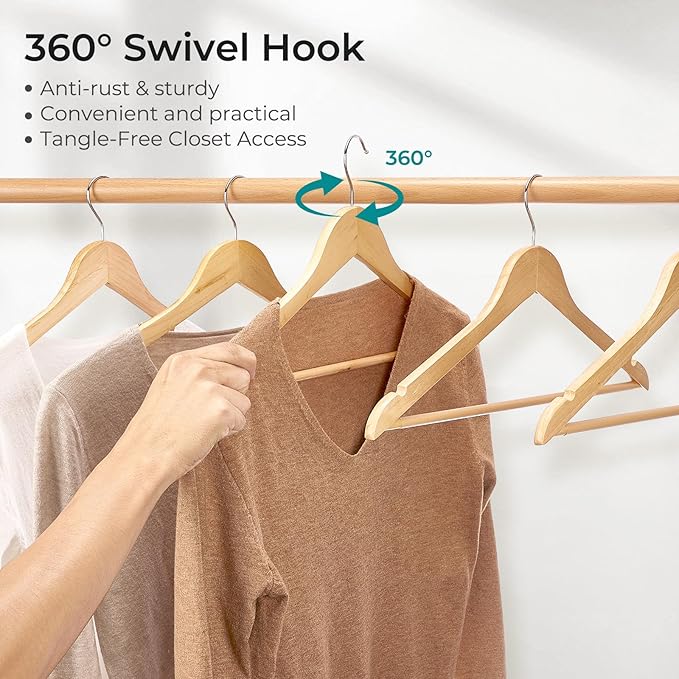 HOUSE DAY Premium Wooden Coat Hangers 20 Pack, Heavy Duty Solid Wood Clothes Hangers with 360° Swivel Hook & Pant Bar for Jackets, Dress, Shirts, Natural Wood Suit Hanger for Closet Organizer