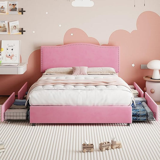 VECELO Full Bed Frame, Platform Bed Frame with Underbed Storage Drawers and Adjustable Height Upholstered Headboard, Heavy-Duty Frame and Strong Wooden Slats Support, Noise-Free, Easy Assembly, Pink