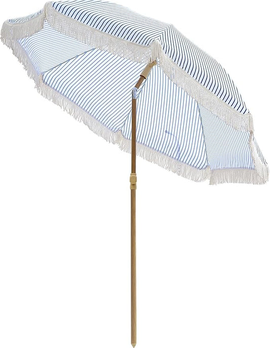 6.5FT Boho Patio Umberlla with Fringe,UPF50+ Outdoor Umbrella with Fiberglass Ribs and Push Button Tilt,Tassels Umbrella for Beach,Terrace,Picnic