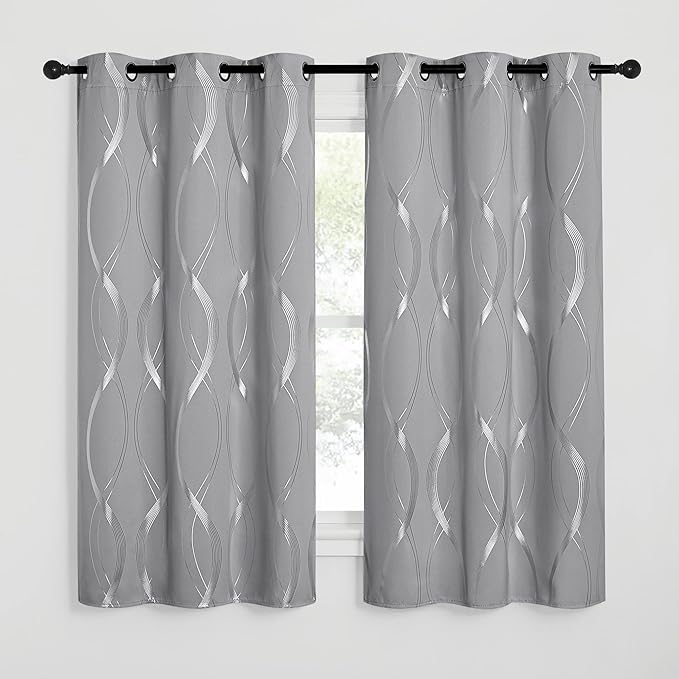 NICETOWN Kitchen Blackout Curtain Panels, Window Treatment Thermal Insulated Solid Grommet Blackout Wave Line Foil Print Design Curtains for Kitchen, Cafe, Loft (Silver Grey, Set of 2, 34 by 63 Inch)
