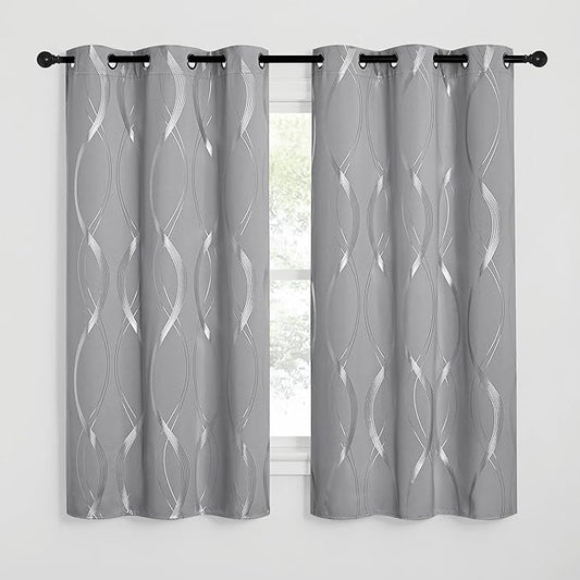 NICETOWN Kitchen Blackout Curtain Panels, Window Treatment Thermal Insulated Solid Grommet Blackout Wave Line Foil Print Design Curtains for Kitchen, Cafe, Loft (Silver Grey, Set of 2, 34 by 63 Inch)