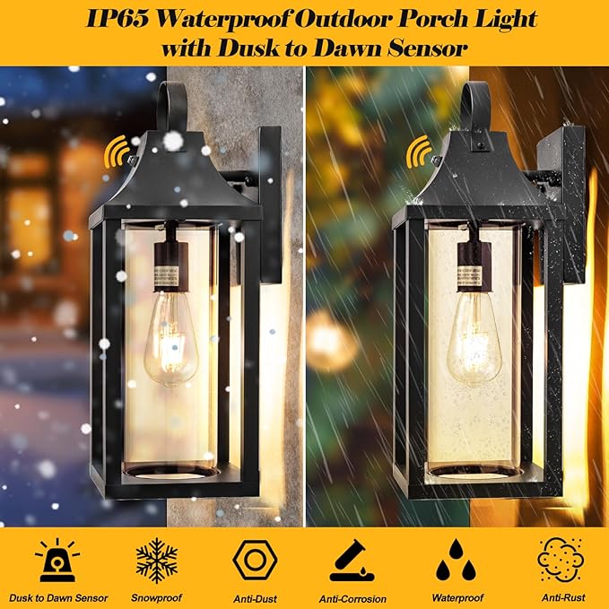 Dusk to Dawn Outdoor Lighting for House 17 Inch, Black Porch Light Cylindrical Glass IP65 Waterproof Large Outdoor Light Fixture Farmhouse Sconces Wall Lighting Exterior Lanterns for Patio