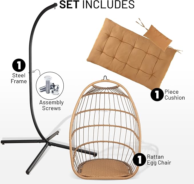 SereneLife Egg Chair with Stand – Hanging Rattan Wicker Swing for Indoor Outdoor Use – 350 lbs Capacity, Breathable Cushion & Headrest – Patio, Balcony, Porch, Bedroom Lounge Furniture
