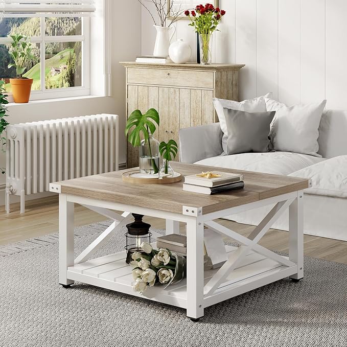 YITAHOME Farmhouse Coffee Table, Square Coffee Tables for Living Room, Vintage Living Room Table with Shelf, Coffee Table with Storage, Grey Wash