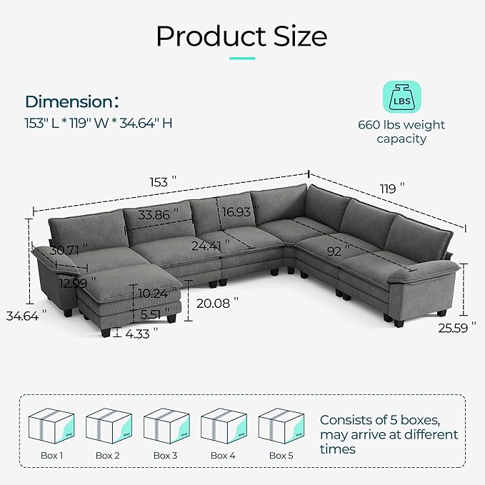 LINSY HOME Modular Sectional Sofa Couch Corduroy Cloud Couches for Living Room, U-Shaped Cloud Couch Sectional Sofas for Bedroom and Apartment, Grey