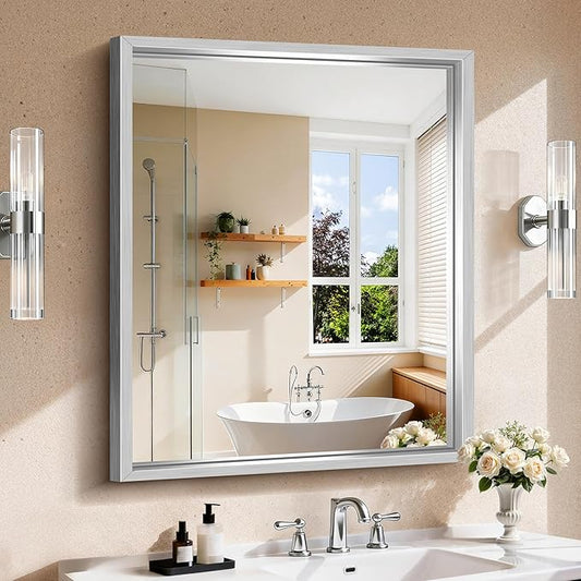 CIRCUMI 30"x36" Silver Mirror with Chunky Box Metal Frame, Brushed Finish Rectangular Bathroom Mirrors for Over Sink, Living Room, Entryway, Tempered Glass Mirror for Wall, Vertical or Horizontal