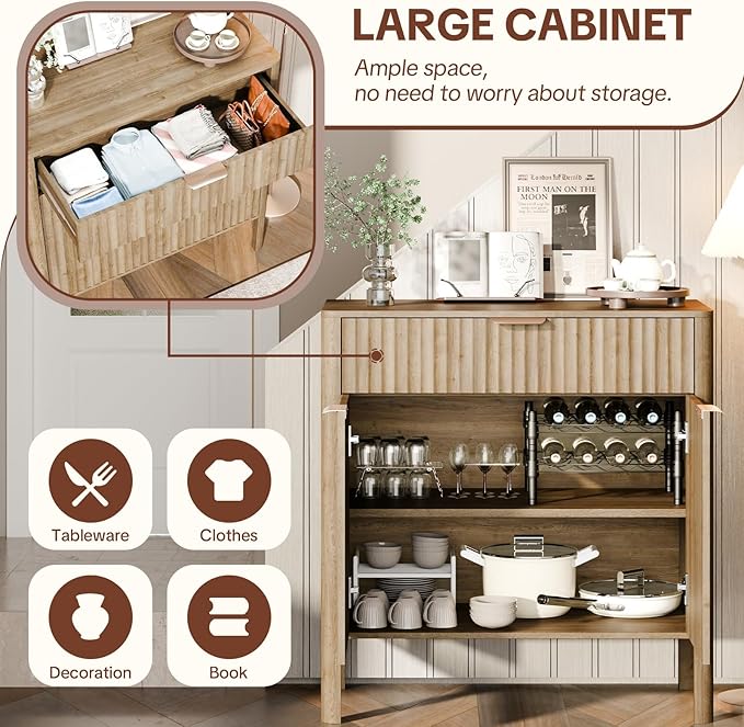 Fluted Buffet Cabinet with Storage - Modern Sideboard Accent Credenza with Doors & Drawer Wood Console Coffee Table Bar Counter for Living Room Kitchen Dining Room Entryway, Easy Assembly 31" Oak