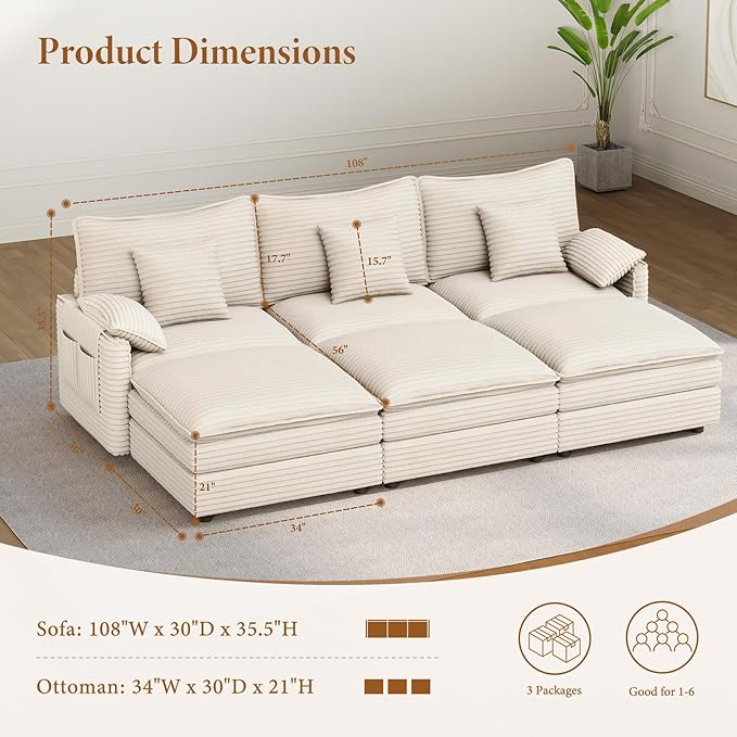 Vesgantti 108" Sectional Sleeper Sofa, 6-Seater Oversized Modular Cloud Couch with Movable Ottoman, Corduroy Large Sofa Bed Convertible Deep Seat Couches for Living Room, Bedroom and Apartment, Beige | Sink-in Comfort, Height Adjustable, Easy Rearrange...