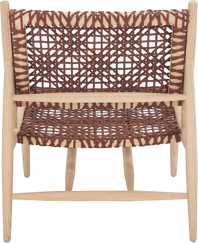 SAFAVIEH Home Collection Bandelier Natural Sungkai Solid Wood/Cognac Brown Leather Weave Accent Chair (Fully Assembled)