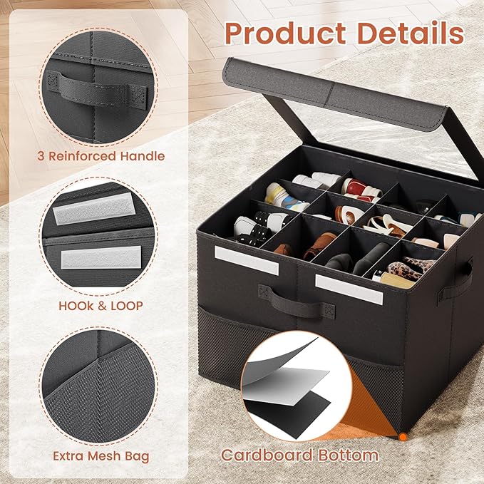 PHINOX Shoe Organizer for Closet, Fits 12-24 Pairs, Shoe Storage Bins with Clear Cover and Reinforced Handles, Foldable Shoe Storage Organizer, Space Saving Shoe Holder for Wardrobe, 2 Pack Black