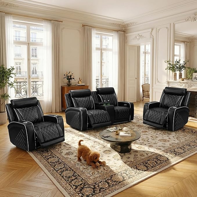 Power Recliner Sofa Set, Breathing Leather Reclining Couch Set, Leather Loveseat and 2 Recliner Chairs Set with LED Lights/Charging Ports/Storage for Home/Office (Black New, Loveseat+2 Chairs)