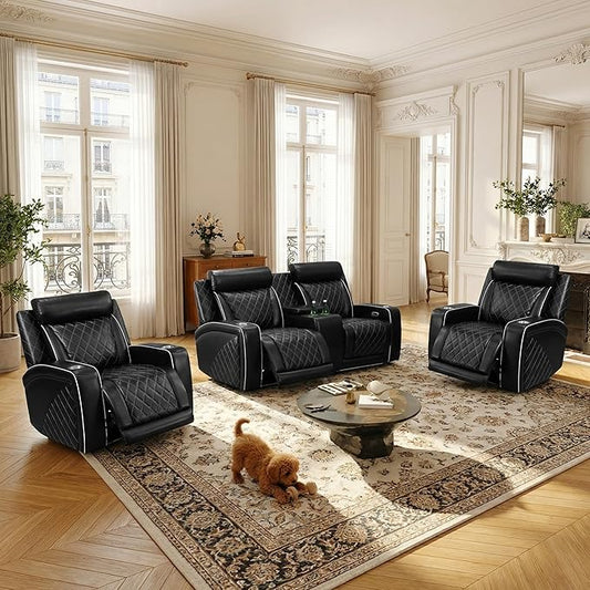 Power Recliner Sofa Set, Breathing Leather Reclining Couch Set, Leather Loveseat and 2 Recliner Chairs Set with LED Lights/Charging Ports/Storage for Home/Office (Black New, Loveseat+2 Chairs)