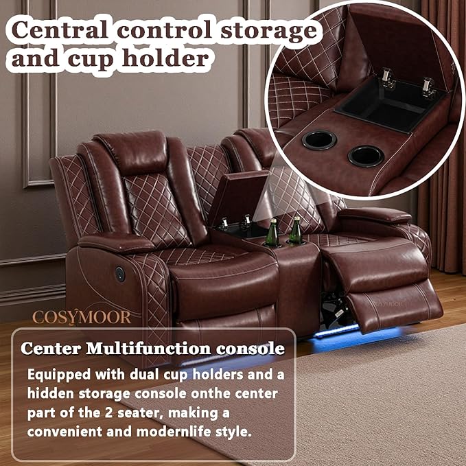 Power Recliner Sectional Sofa Set with LED, Luxury Breathing Leather Sectional Reclining Corner Couch Set, L-Shaped Sofa Couch Set with Cup Holders/Storage for Living Room
