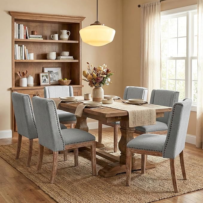 Dining Chair Set of 6, Upholstered Fabric Kitchen Side Chairs with Solid Wood Legs, Comfortable Seating for Kitchen, Dining Room & Restaurant, Grey