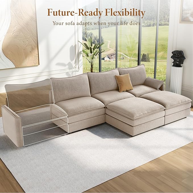 Vesgantti 108" U Shaped Sectional Couch, Comfy Cloud Modular Sectional Sofa with 2 Ottoman Deep Seat Chenille Modern Cloud Sofa, Modular Sofas for Living Room, Bedroom and Apartment, Light Brown | Sink-in Comfort, Height Adjustable, Easy Rearrangement,...